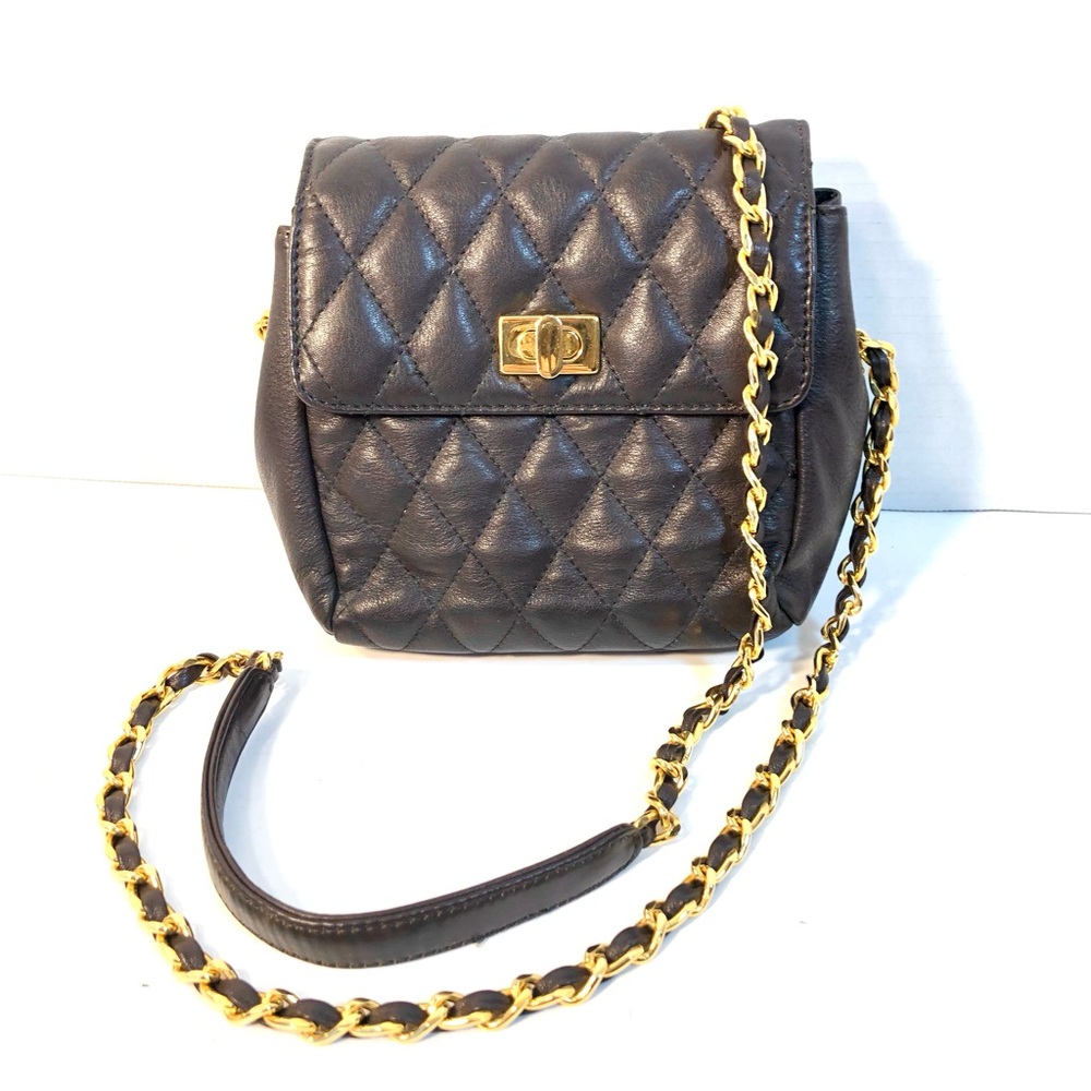 Vtg ANN TAYLOR Dark Brown Quilted Leather Crossbody Purse w/ Gold Chain Strap